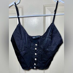 ZARA Black Crop Top V-neck Summer Sleeveless Cropped Pearl Buttons M